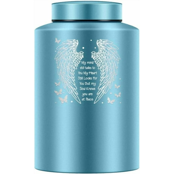 1 Pcs 10cm Diameter Mini Stainless Steel Urn Frosted Blue Wing Column Pet Urns Small Engraved Cremation Urn Animal Memorial Keepsake Ash Holder Urns for Human Pet Cat Dog Ashes