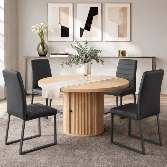FFZ 4-Piece PU Padded Dining Chair Set with 47.2 inch Round Table, Black