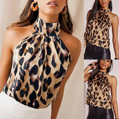 - Multitrust Women's Sexy Ladies Halter Sleeveless Fashion Vest Tops Leopard Print T-Shirt