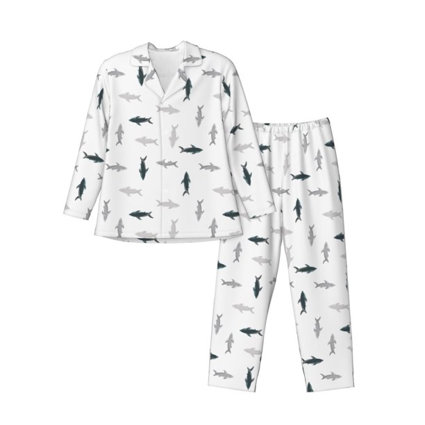 Balery Cute Shark Pijama para Hombre de Dos Piezas con Manga Larga, Conjunto de Dormir y Descanso Suave con Bolsillos-Medium