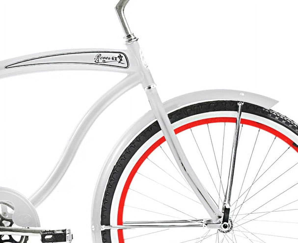Wonder Wheels 26 In. Beach Cruiser Coaster Brake Single Speed Bicycle, Bike, Stainless Steel Spokes One Piece Crank Alloy Red Rims 36 H With Fenders - White/ Red Rim
