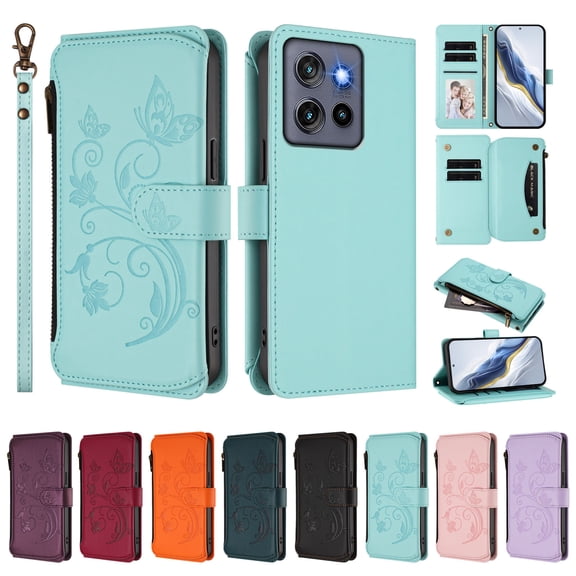 ELEHOLD Wallet Case For Moto G 5G (2025),  Butterfly Flower Pattern Leather Flip Kickstand Card Holder Zipper Pocket Magnetic Closure Wallet Cover With Crossbody Strap Lanyard  ,Green