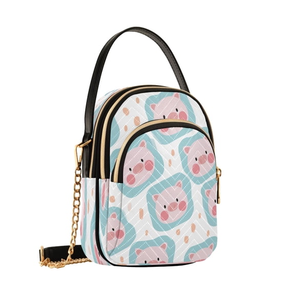 Women's Quilted Crossbody Bag Small Shoulder Tote Purse with 3 Zipper Pockets Blue-edged Pink Pig