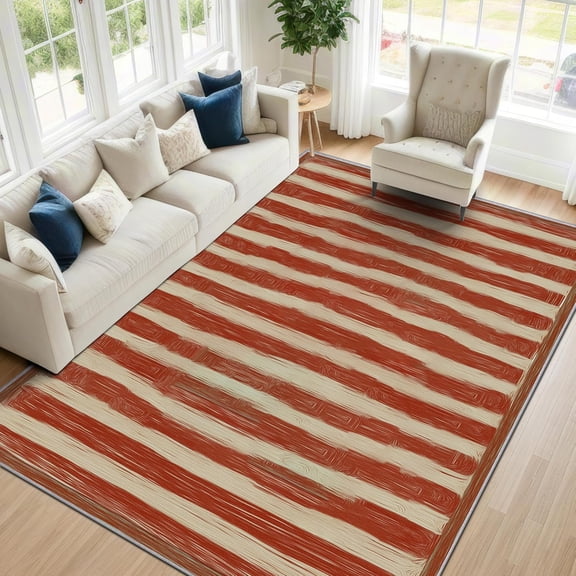 Vintage Stripe Area Rugs, Red Cream Distressed Carpet, Washable Non Slip Low Pile Soft Rug for Living Room Bedroom Decor Mat 2x3ft