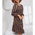 thumbnail image 3 of Vestido midi de mujer con estampado floral con cuello redondo de cintura alta Vestido de manga larga para citas Oficina en casa Café M, 3 of 6