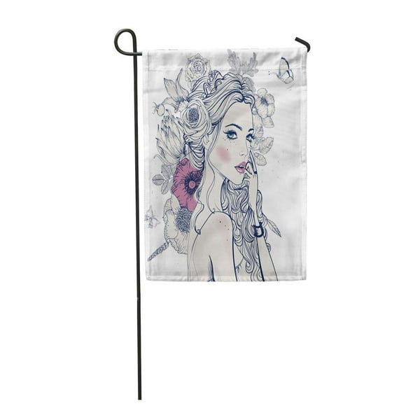 POGLIP Beauty Portrait of Young Beautiful Woman Flowers Face Garden Flag Decorative Flag House Banner 28x40 inch