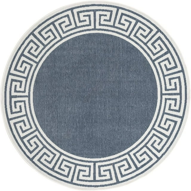 Unique Loom Outdoor Coastal Beach Area Rug 7' x 7' Round Navy Blue/Ivory