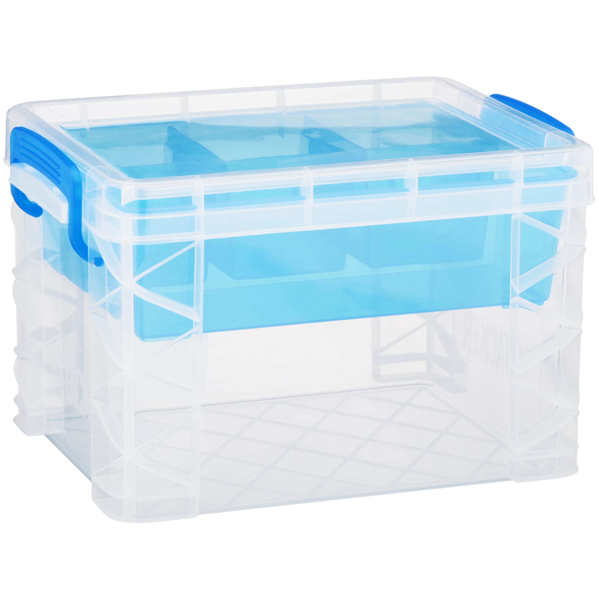 Advantus Super Stacker Divided Storage Box Clear w//Blue Tray//Handles 10.3 x 14