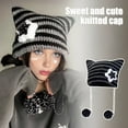 thumbnail image 2 of harmtty Winter Knitted Hat Cat Ear Design Plush Ball Decor Striped Print Windproof Warm Women Hat Cold Weather Headwear, 2 of 8