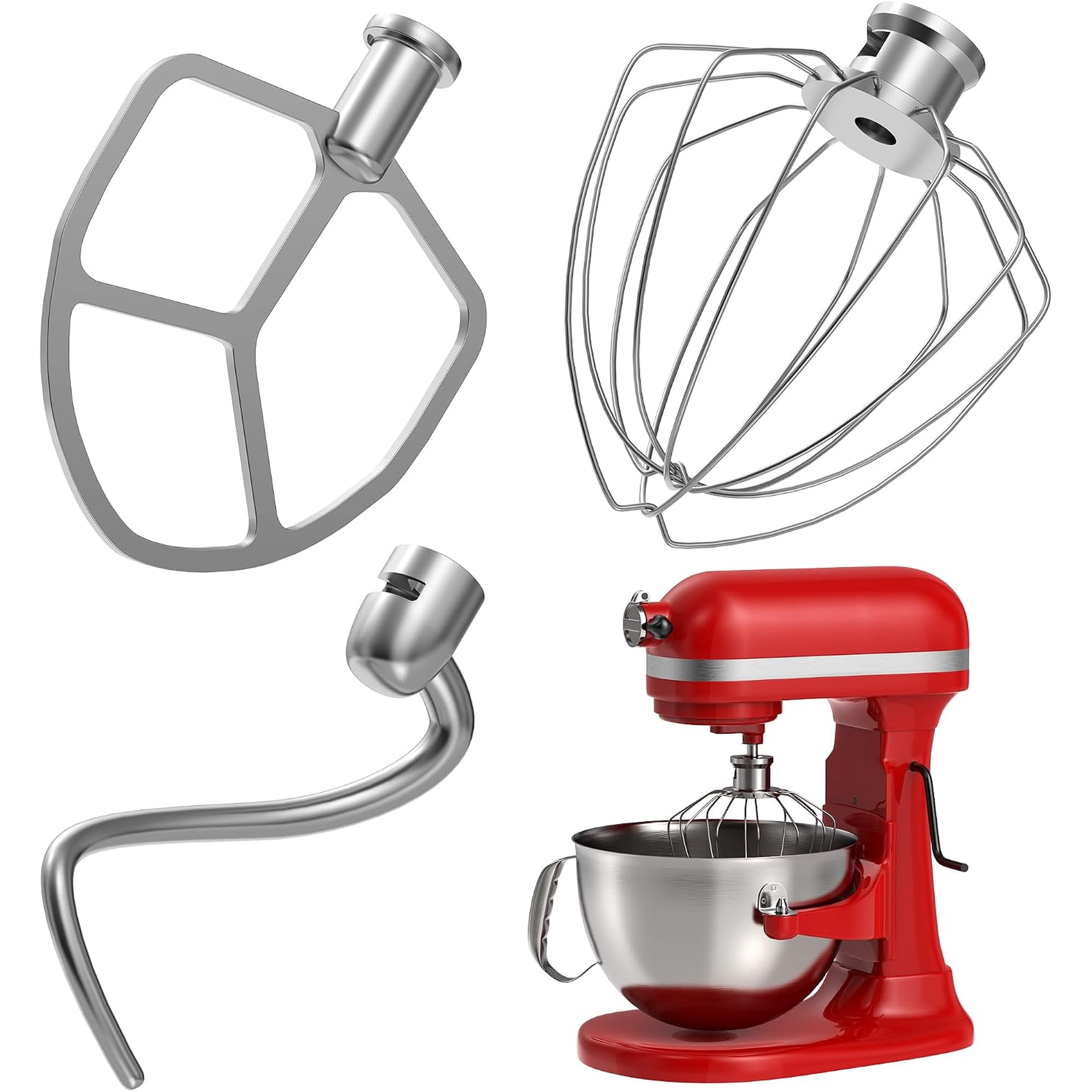 Stainless Steel Accessories 3 Piece Kit for KitchenAid 5.5 and 6 Quart Lift-Up Stand Mixers, Includes 5.5-6QT Flat Beater, Dough Hook, KN256WW 6-Wire Whisk for Kitchen Aid Attachments & 6 Qt Bowl