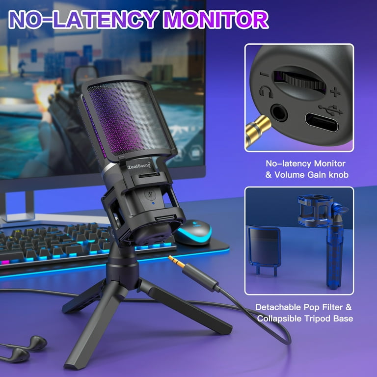 ZealSound Gaming USB Microphone for Phone PC PS5,RGB Mic with 