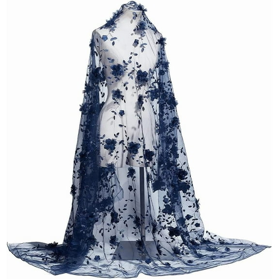 2.2yards Embroidered Flower Fabric 59-64.5inch Wide 3D Flower Organza Lace Fabric Floral Mesh Embroidery for Sewing DIY Clothes Party Dress Home Decoration Prussian Blue