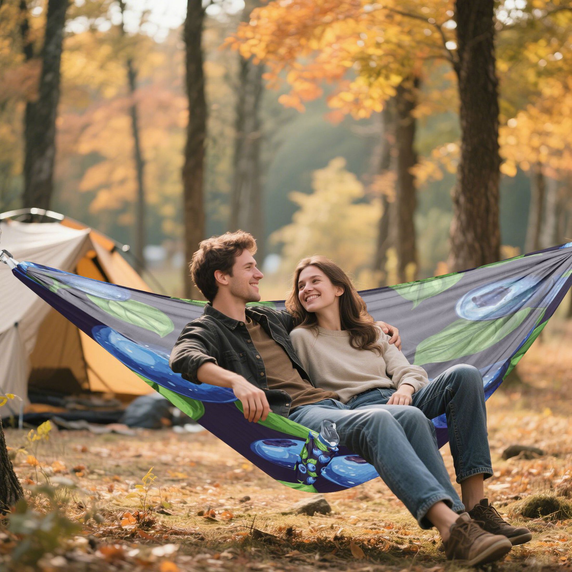 Portable Outdoor Camping Hammock Travel Hammock Ideal for Backpacking, Hiking, and Travel Blueberry with Leaves