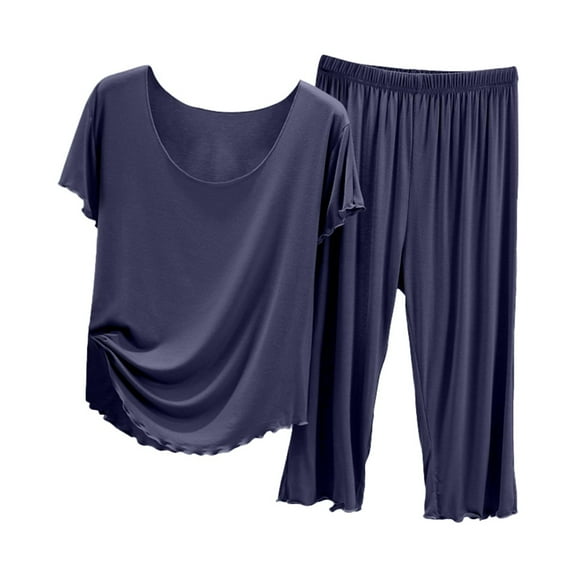 Fiaer,Lounge Plus Size Sets for Women,Womens Loose Fit Lightweight Pajamas 2 Piece,Women's Short Sleeve T Shirts Capri Pants,Ladies Comfort Trendy Sleepwear Crew Neck Solid Color Pjs Navy XL