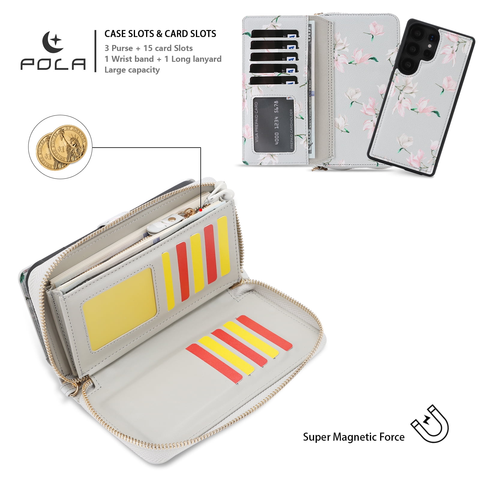 TECH CIRCLE 2-in-1 Wallet Case for Galaxy S23 (6.1", 2023), Detachable Magnetic Back Cover, PU Leather Flip Flower Phone Case with 15 Card Slots, Zipper Pocket, Wrist/Shoulder Strap, Gray