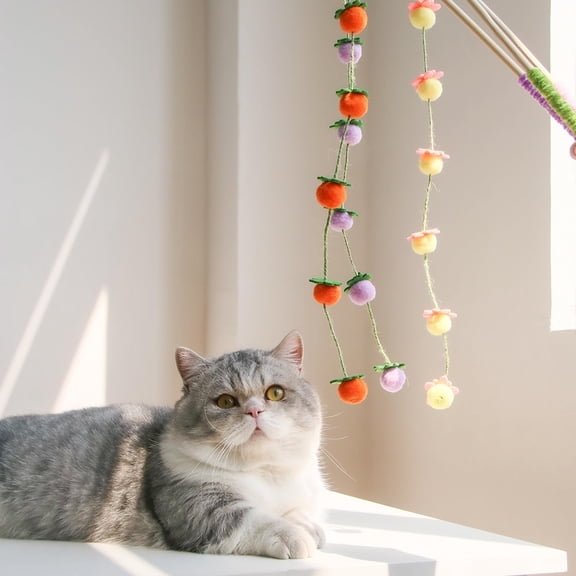 Cat Wand Toy with Bell, Ball Teaser Stick for Cats & Kittens, Interactive Feather Wand, Long Handle Pet Toy for Indoor Play & Exercise, Orange