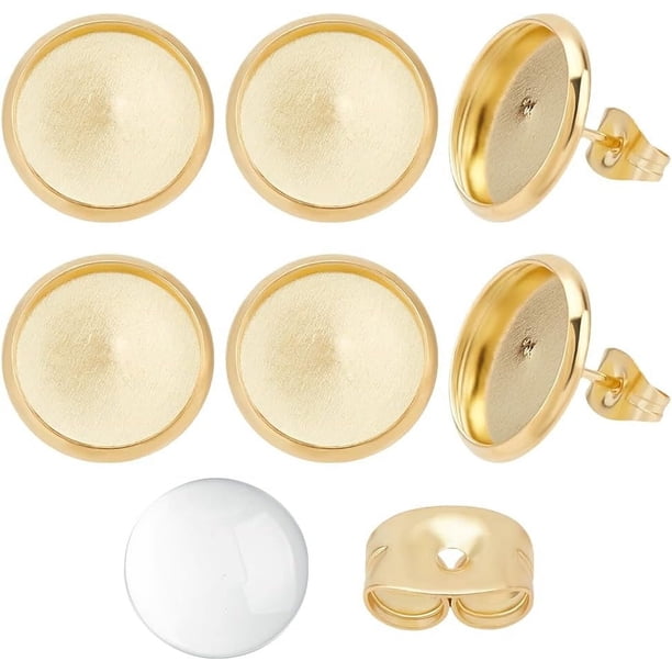 1 caja con 40 juegos de postes de cabujón y 40 cabujones de acero inoxidable chapado en oro de 18 quilates, bisel redondo para aretes con tuercas para aretes.