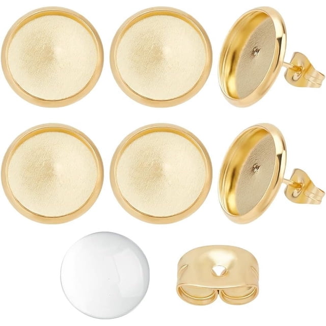 1 caja con 40 juegos de postes de cabujón y 40 cabujones de acero inoxidable chapado en oro de 18 quilates, bisel redondo para aretes con tuercas para aretes.