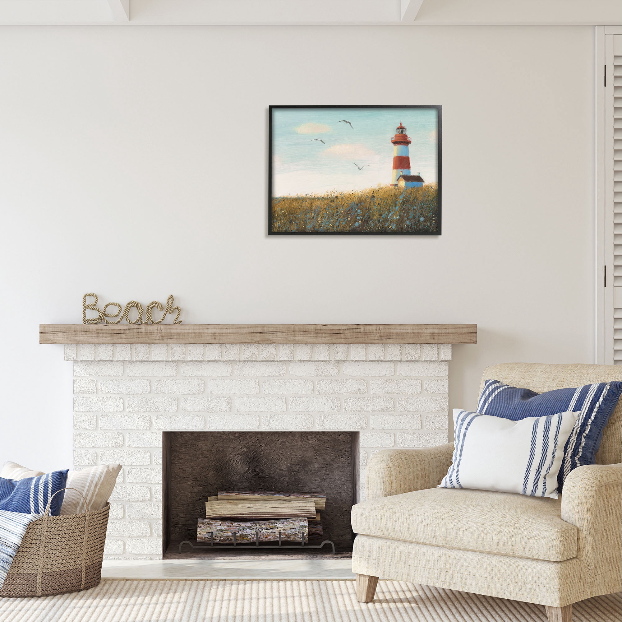 Stupell Industries Coastal Lighthouse Painting Nature Painting Black Framed Art Print Wall Art, 30 x 24