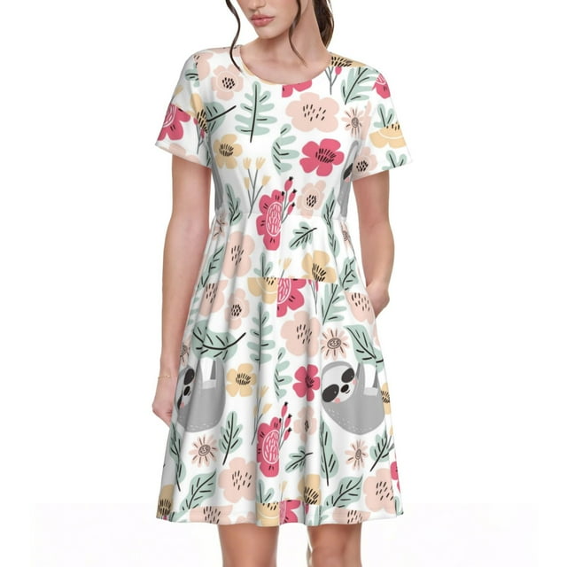 Disketp Cute Cartoon Sloth para Vestido de Manga Corta para Mujeres, Vestidos de Verano para Mujeres, Casual y Holgado para la Playa
