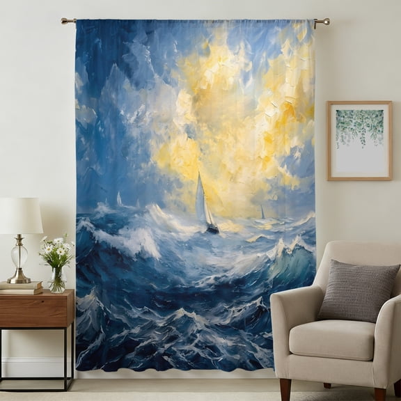 Nautical Boat Sheer Curtains 84 Inches Long for Living Room, Coastal Sun Ocean Waves Oil Painting Light Filtering Privacy Drapes, Breathable Semi Sheer Window Treatment for Bedroom Dining Room