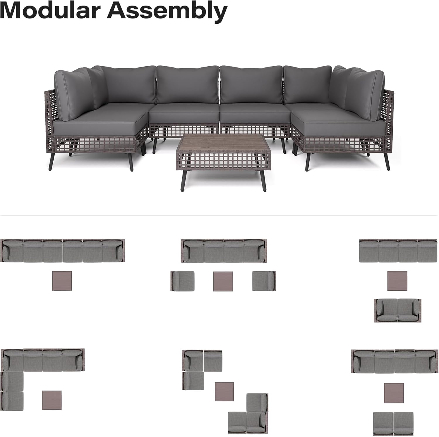 KAMEROUT 7-Piece Outdoor Wicker Patio Furniture Conversation Set, Sectional Sofa with Cushions, Gray