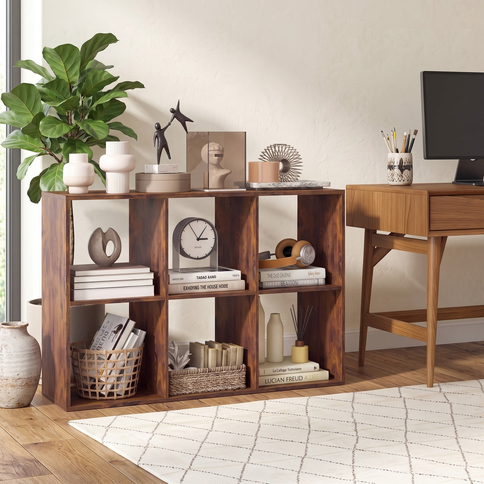 Furnibear 6 Cube Bookshelf, Rustic Brown Wood Cube Storage Organizer with Back Guardrail and Anti-Tip Kit, Freestanding Bookcase for Living Room Bedroom, Rustic Brown
