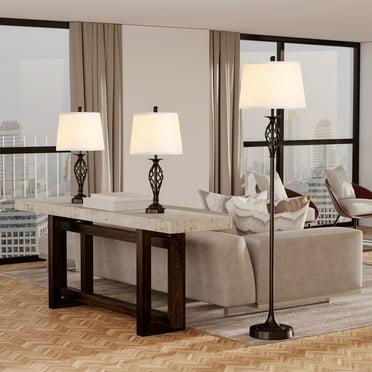 HOMCOM 3 Piece Floor Lamps with Rounded Base and Steel Pole, Black and White