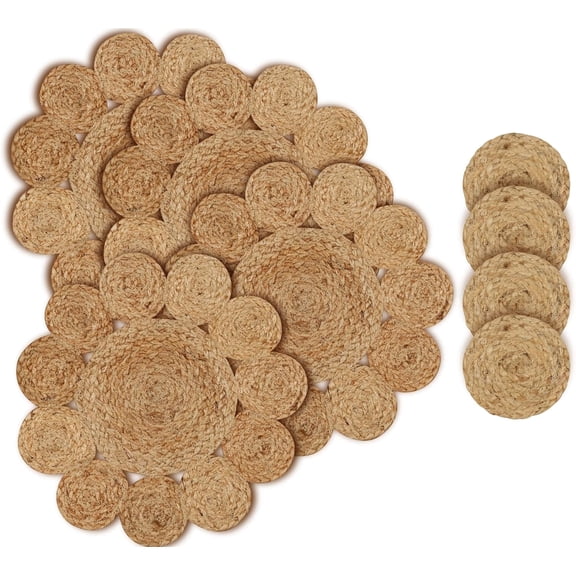 4 Pack Round Jute Placemats & 4 Coasters Set – 13'' Braided Cotton Table Mats   4'' Drink Coasters – Natural Woven Heat-Resistant Dining Table Decor – Rustic Farmhouse Style