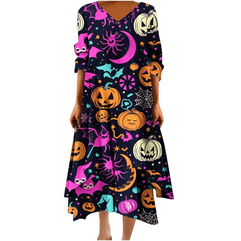 Fartey Dresses for Women Plus Size 2025 Halloween Pumpkin Printed Dress  Casual Elegant Button V Neck 3/4 Sleeve Festival Dress Loose Flowy  Irregular Layered Hem Dresses - Walmart.com