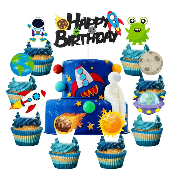 GROBRO7 Happy Birthday Party Decorations Space Sign Set Earth Rocket Sun Cake Toppers for Party Favors Decor, 49 Pieces