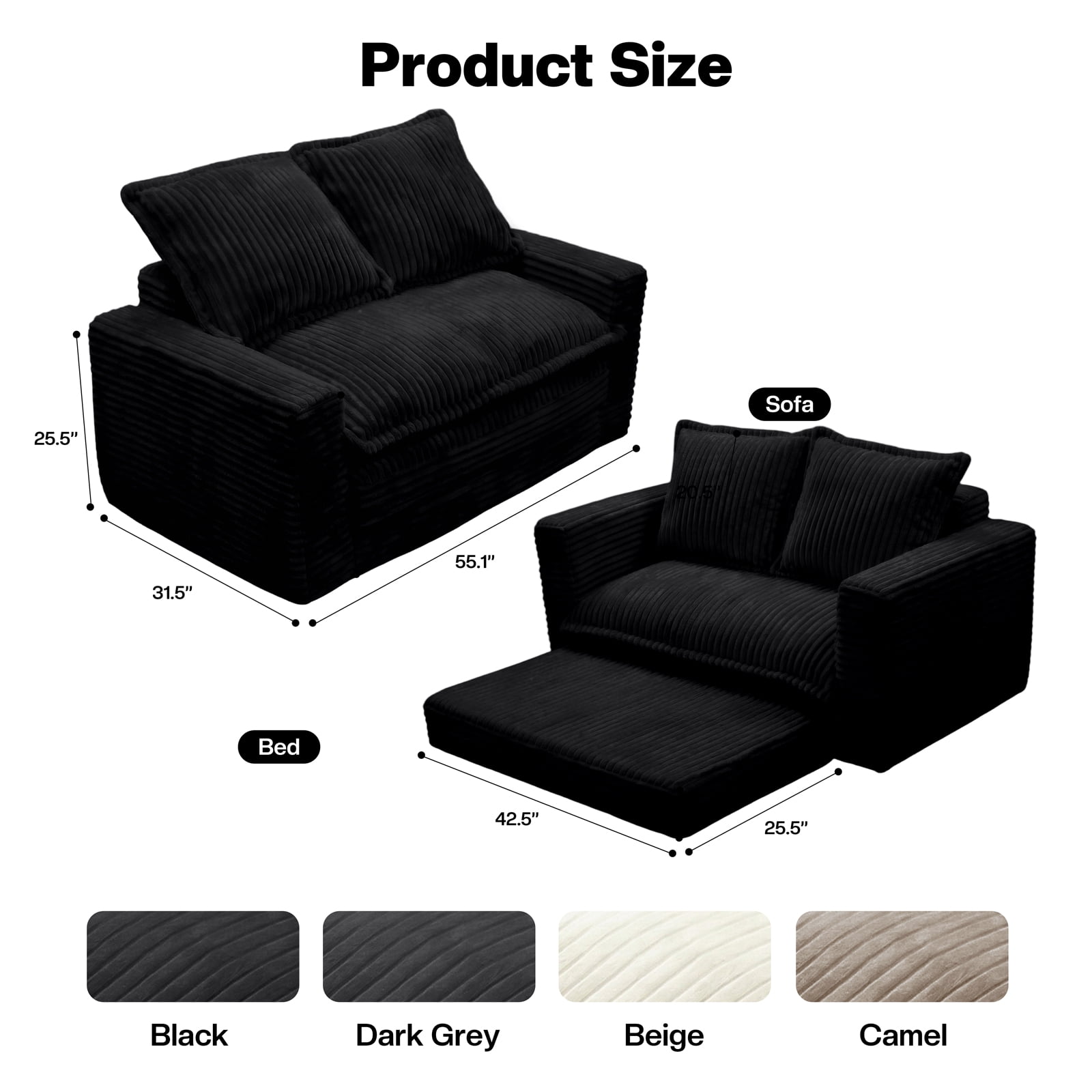 Kelyda Convertible Sofa Bed, 2 in 1 Modern Cloud Boneless Sofa Bed Loveseat Couch Sleeper Chairs for Living Room Black