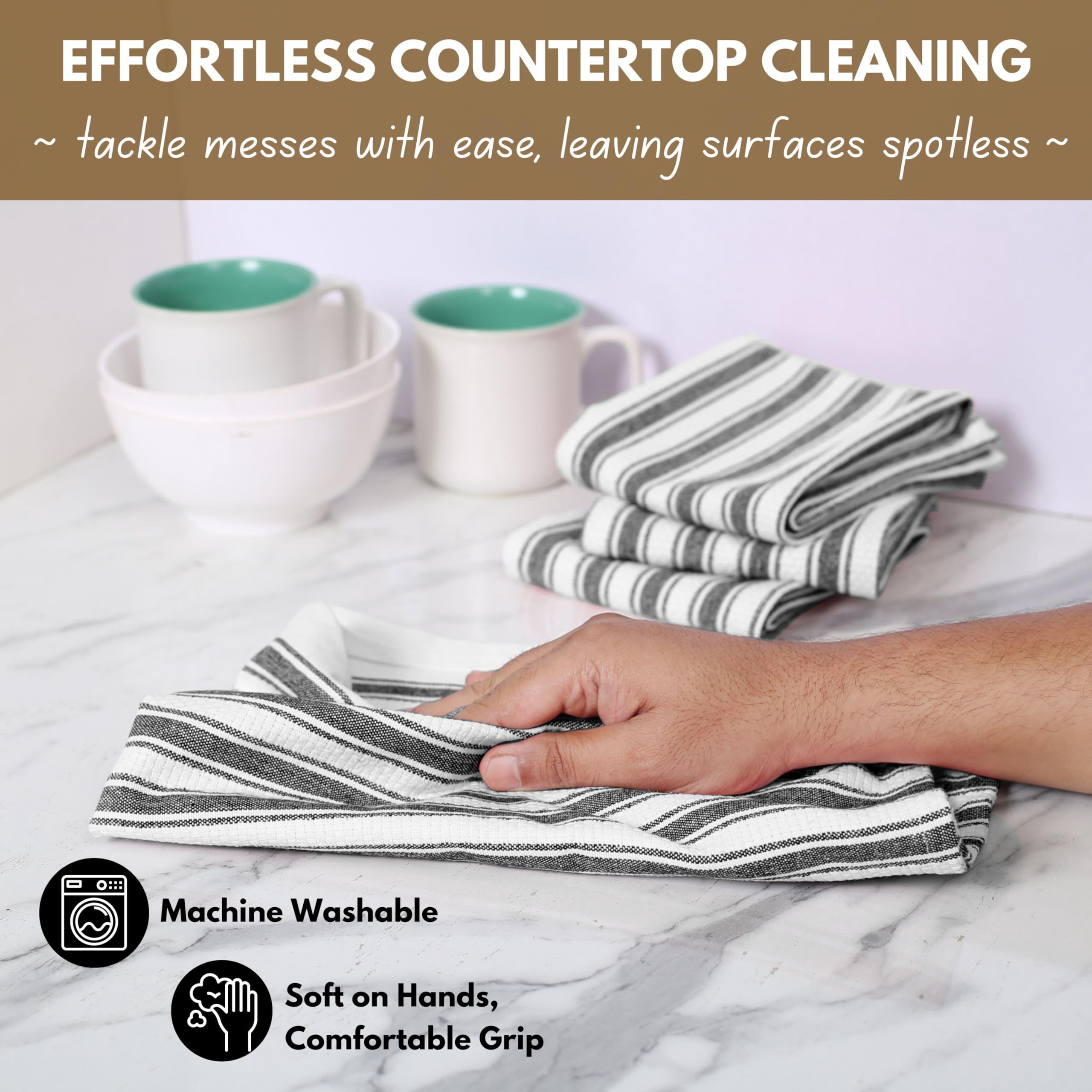 Native Fab Striped Kitchen Towels Set of 4, 100% Cotton, 16x26, Quick Dry Dish Cloths, Black White
