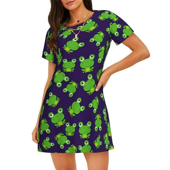 Cotton Nightgowns for Women - Cute Frog Funny Navyblue Sleep Shirts for Women's Nightgowns & Sleepshirts, Soft Cotton Pajama Dress Shirts for Women, House Dress Sleepwear for Women