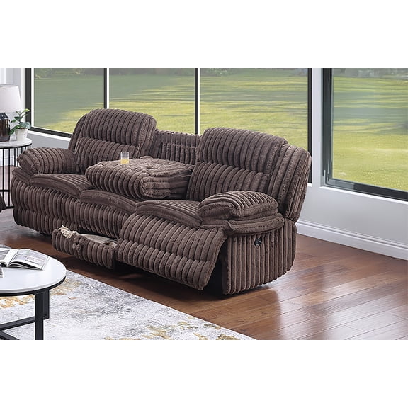 Chocolate Fur-Like Corduroy 1pc Manual Motion Sofa Fold Down Table w Cup Holders Charging Stations Living Room Couch