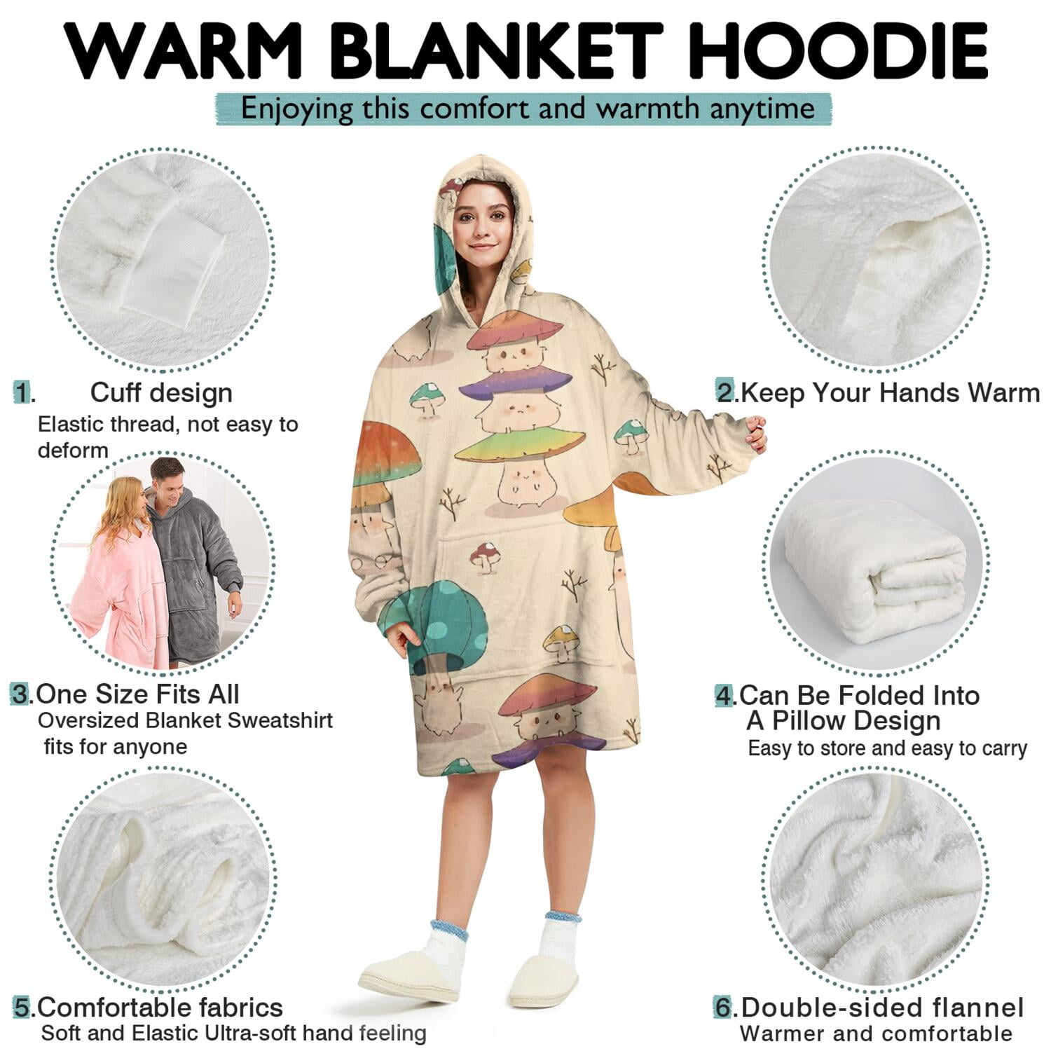 Red Mushroom Cartoon Light Pattern Wearable Oversized Blanket,Wearable Blanket Hoodie for Adults,Cozy Hooded Blankets with Super Pockets,Super Warm Fuzzy Pullover for Women & Men