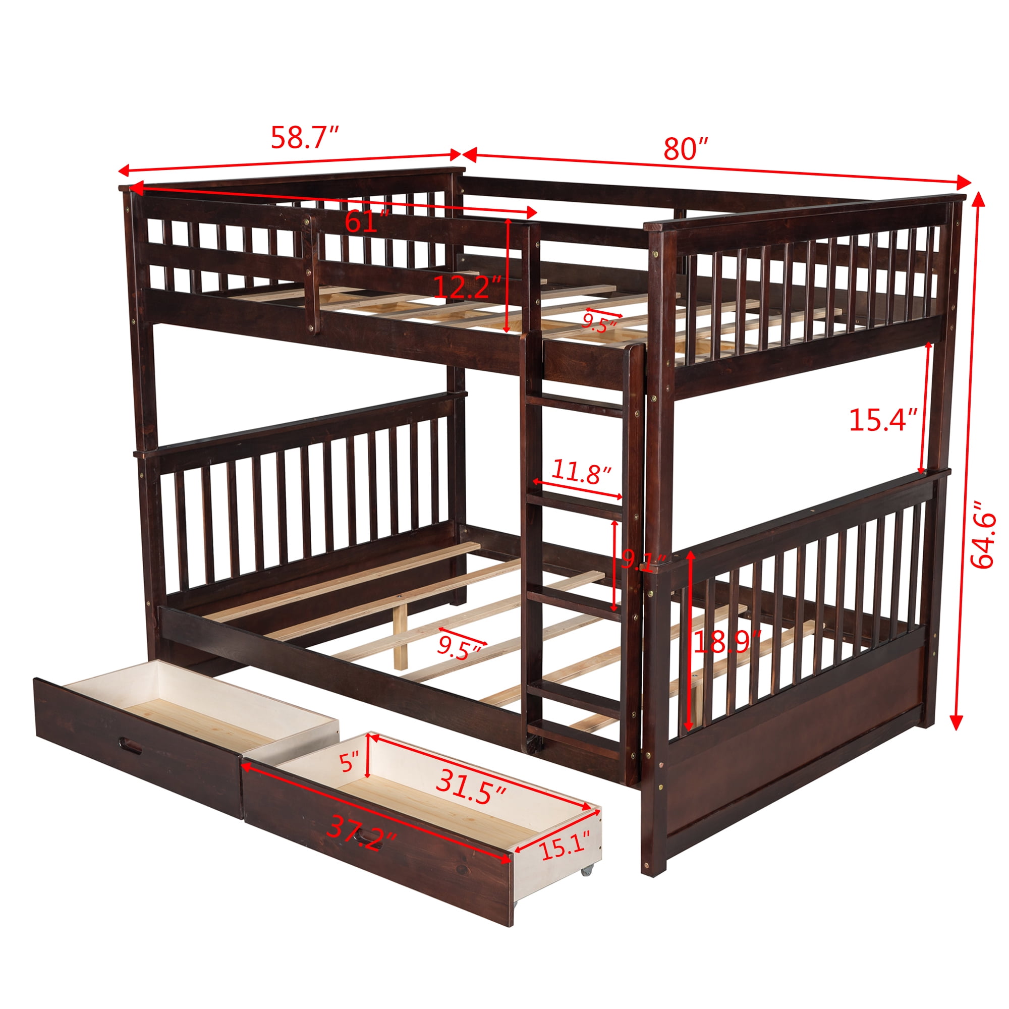DEALTOPS Full over Full Bunk Bed with Ladder and 2 Drawers for Kids Adults Bedroom Furniture, Espresso