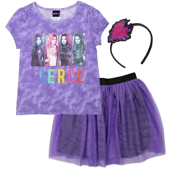 Disney Descendants Mal Evie Audrey Little Girls T-Shirt Skirt and Headband 3 Piece Outfit Set Little Kid to Big Kid