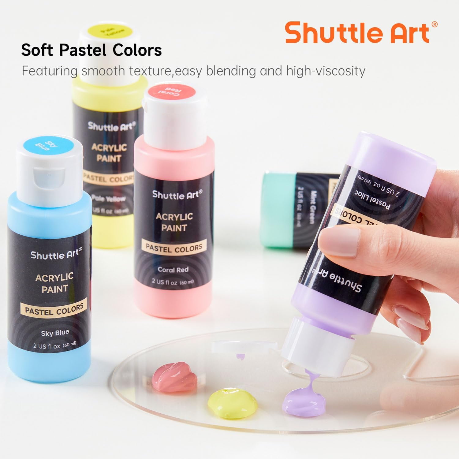 Shuttle Art 40 Pack Pastel Acrylic Paint Set, 30 Colors, 60ml/2oz Bottles, High Viscosity, Water-proof Paint With 10 Paint Brushes for Painting &Crafting