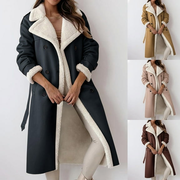 Antinious Womens Belted Waist Fleece Quilted Jacket Women Collar Coat with Pockets,Warm Trench Coat,Casual Winter Coats for Women,Coffee,L