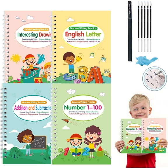 Motor Magic WorkBooks Full Set 4 Books/5 Replacement Refills 1 Pen 1 Pencil Grip,Magic Grooved Writing Practice Books, Reusable Handwriting Practice Book, Christmas Gift (5pc)