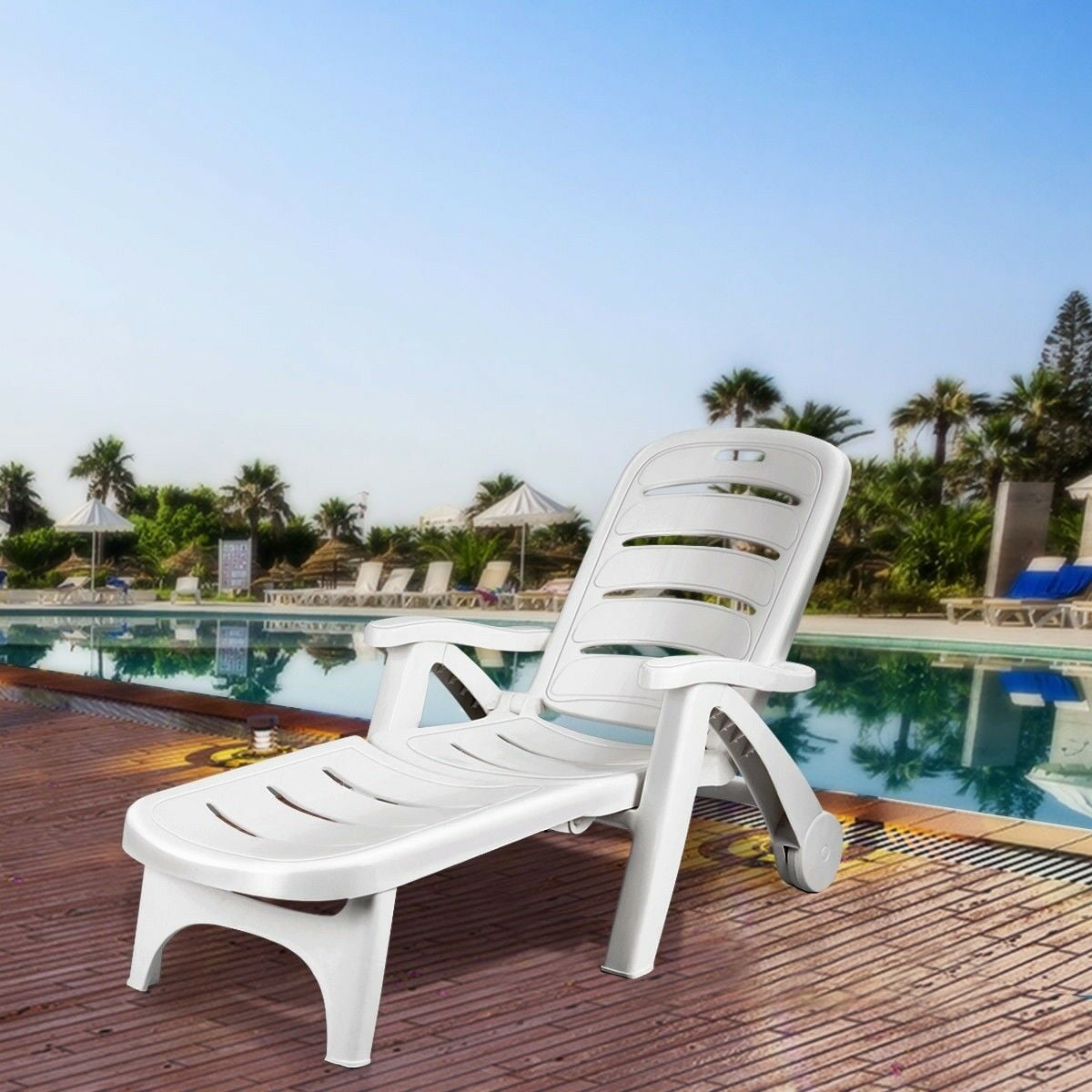 Beach Pool Side High Back Recliner Chaise Lounge Chair W/ Two Wheels
