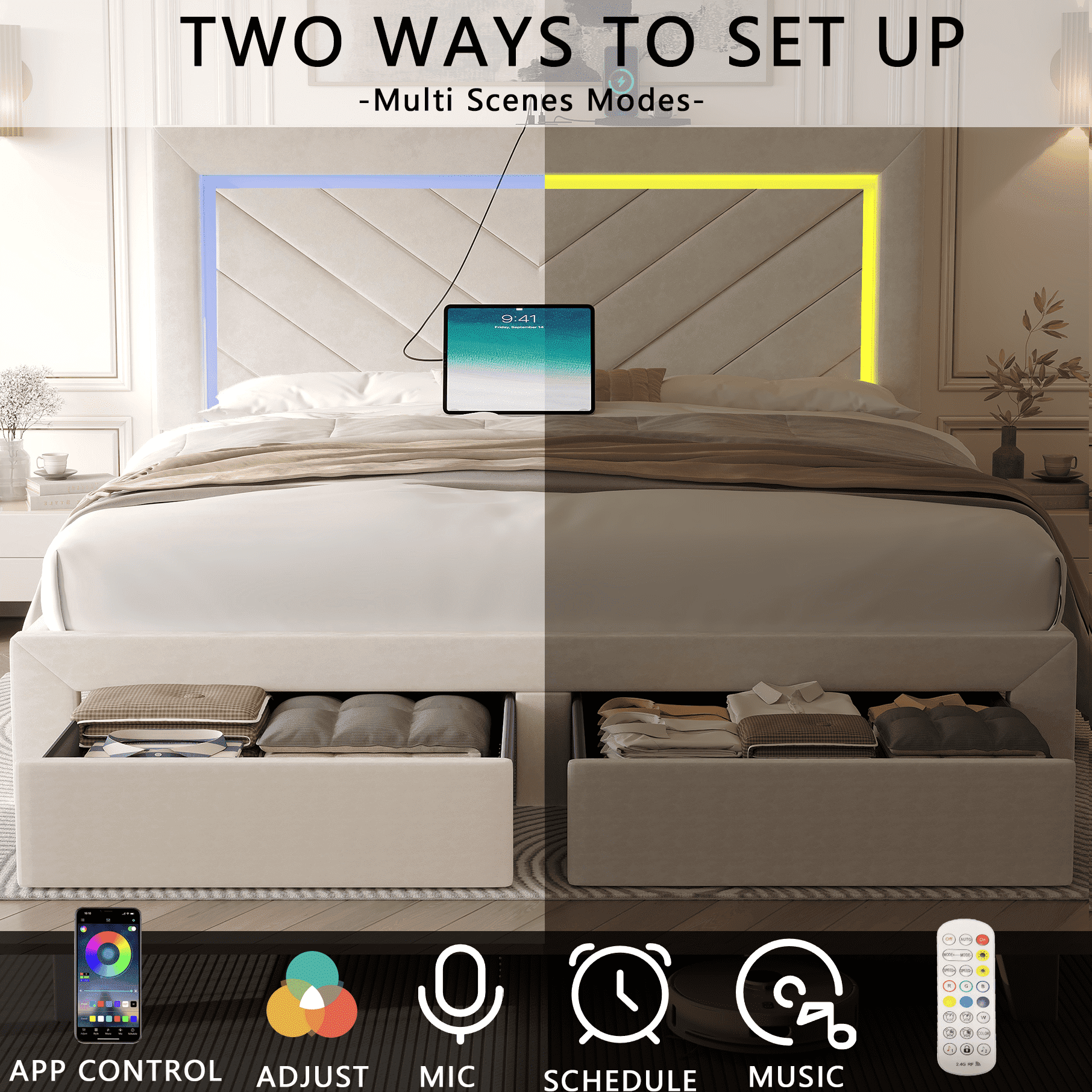 Fastroby Full Upholstered Bed Frame with LED Headboard & Storage Drawer, No Box Spring Required