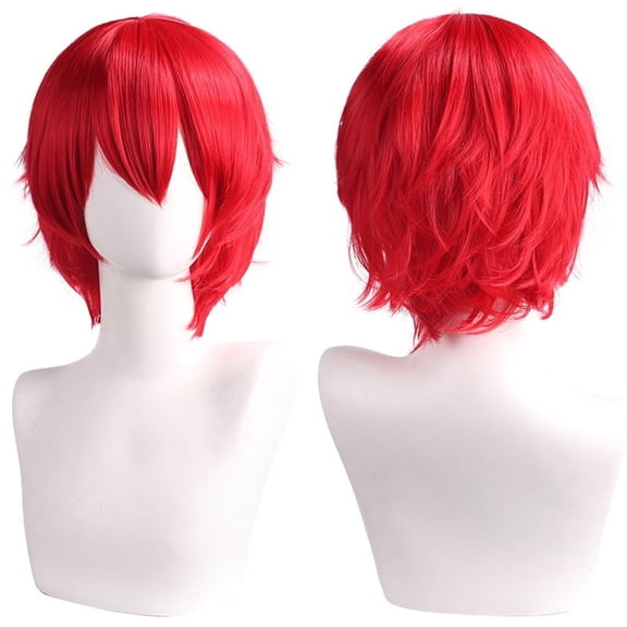 Namzi Unisex Anime Short Hair Wig Cosplay Anime Wig Fluffy Layered Costume Wig Heat Resistant Synthetic Costume Party Prom Wigs with Bangs，Red