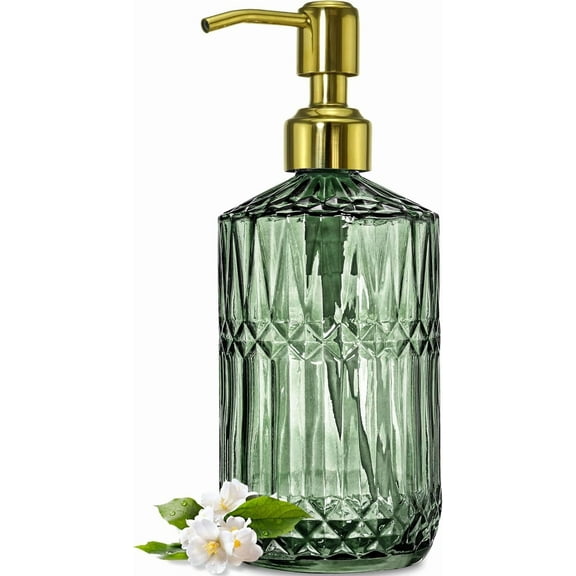 18Oz Green Glass Soap Dispenser with Gold Rust Proof Pump, Refillable Kitchen soap Dispenser for Dish Soap, Soap Dispenser Bathroom for Hand soap, Lotion, Body Wash.