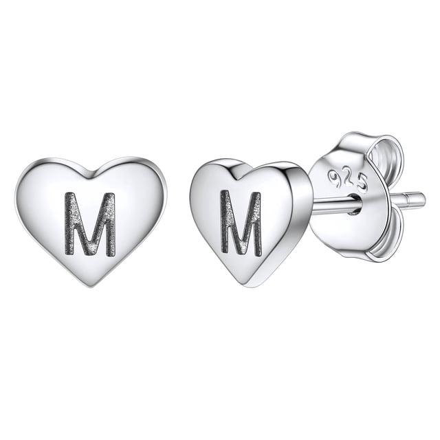 Pendientes de corazón inicial Silvora tachuelas de plata esterlina hipoalergénicas para mujer letra M