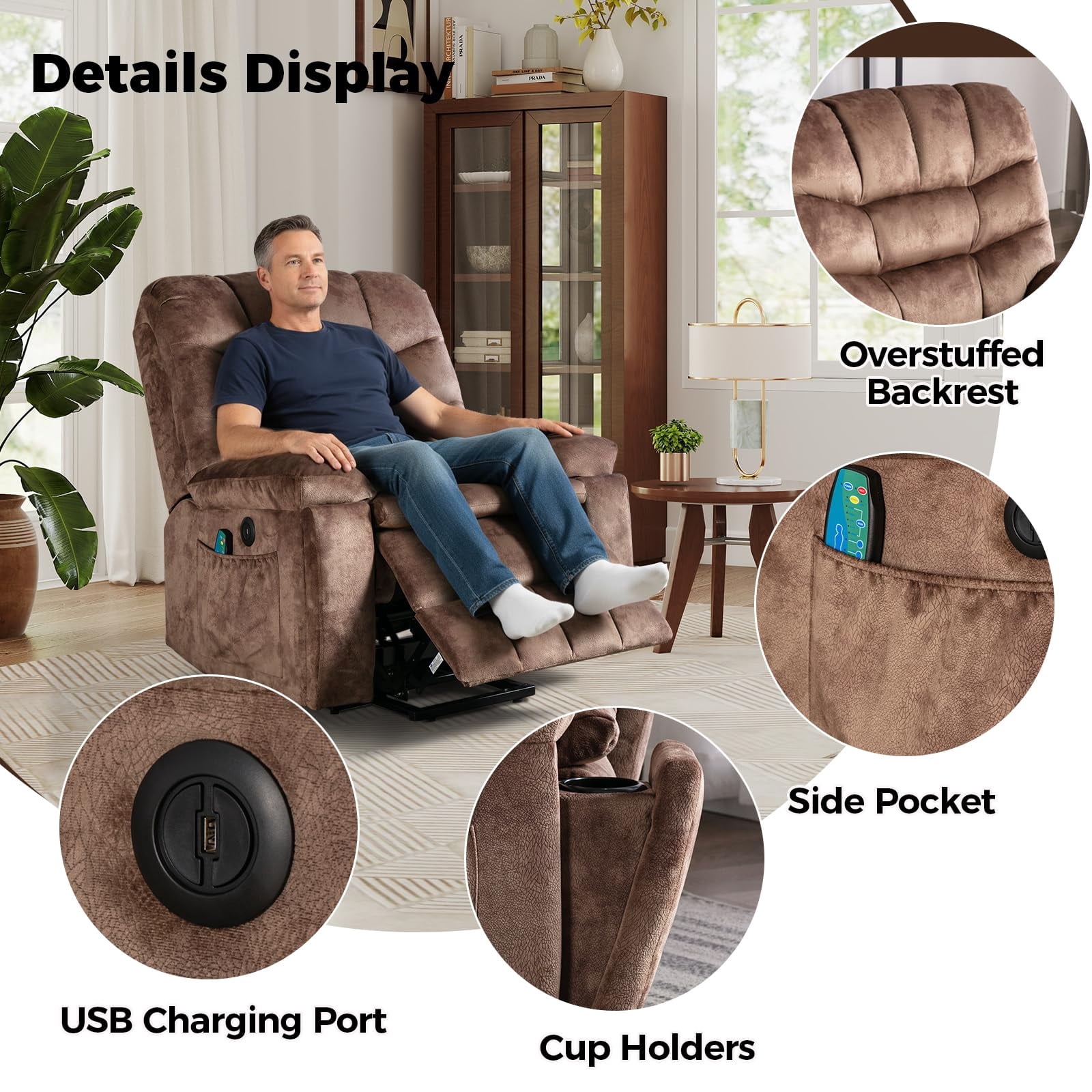 Ebello 40.5" Wide Extra Large Microfiber Electric Heated Massage Lift Recliner Living Room Chair with 2 Cup Holders, Brown