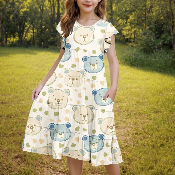 Pounoo New Kids Dresses Girls Fashion Print Short Sleeve Casual Dresses Round Neck Knee Length Dress With Pocket Stretchable Girls Dresses 7-8