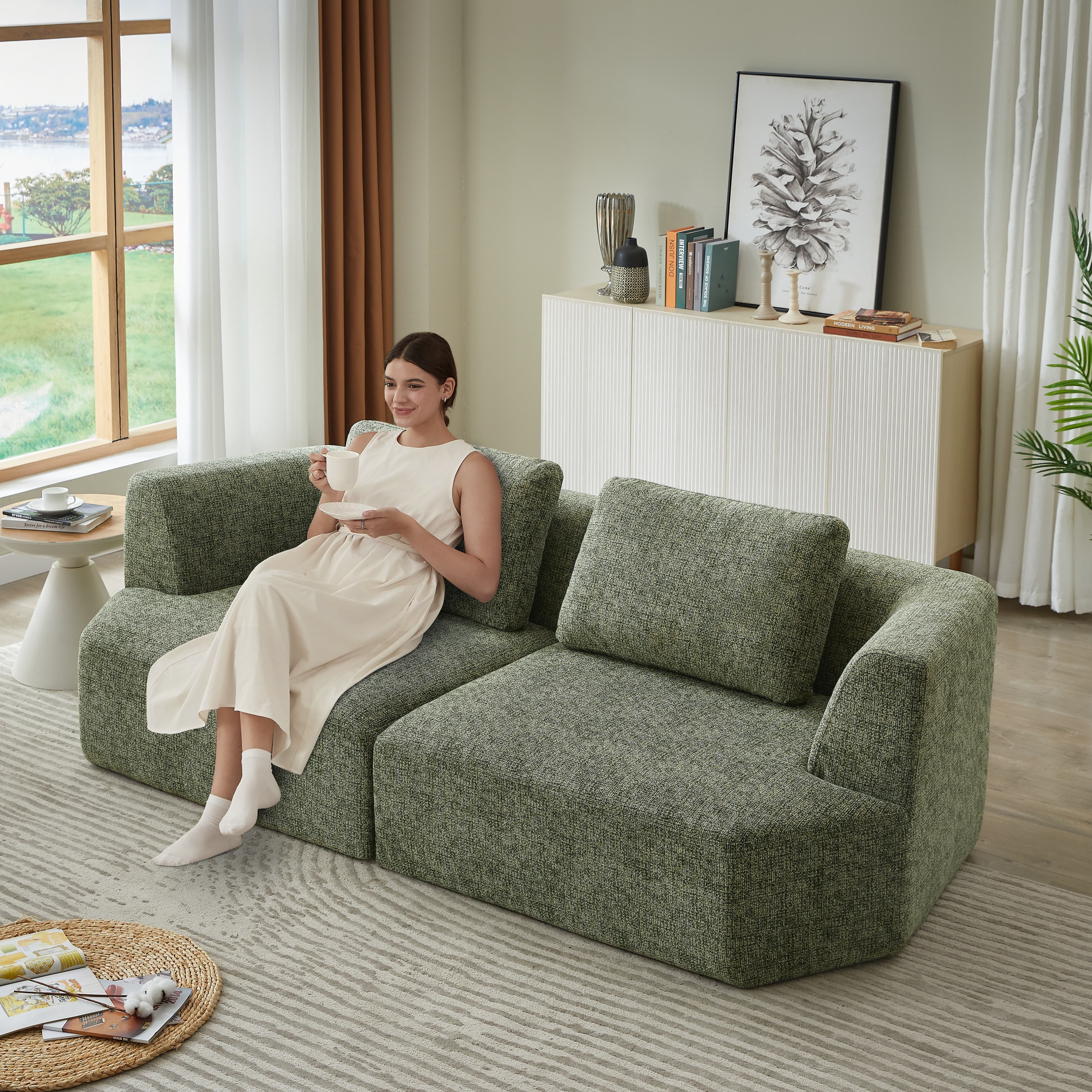 MAYEERTY Oversized 3 Seater Compressible Chenille Sectional Sofa, Modern & Space-Saving for Living Room, 98*43*32"Green