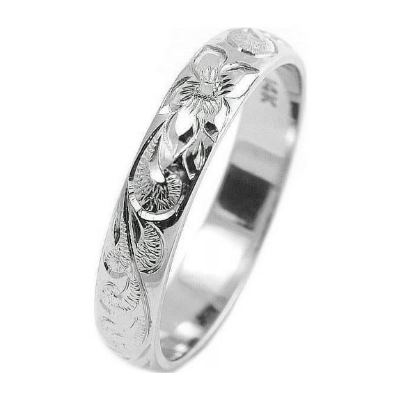 14K White gold custom hand engraved Hawaiian queen plumeria scroll band ring 4mm